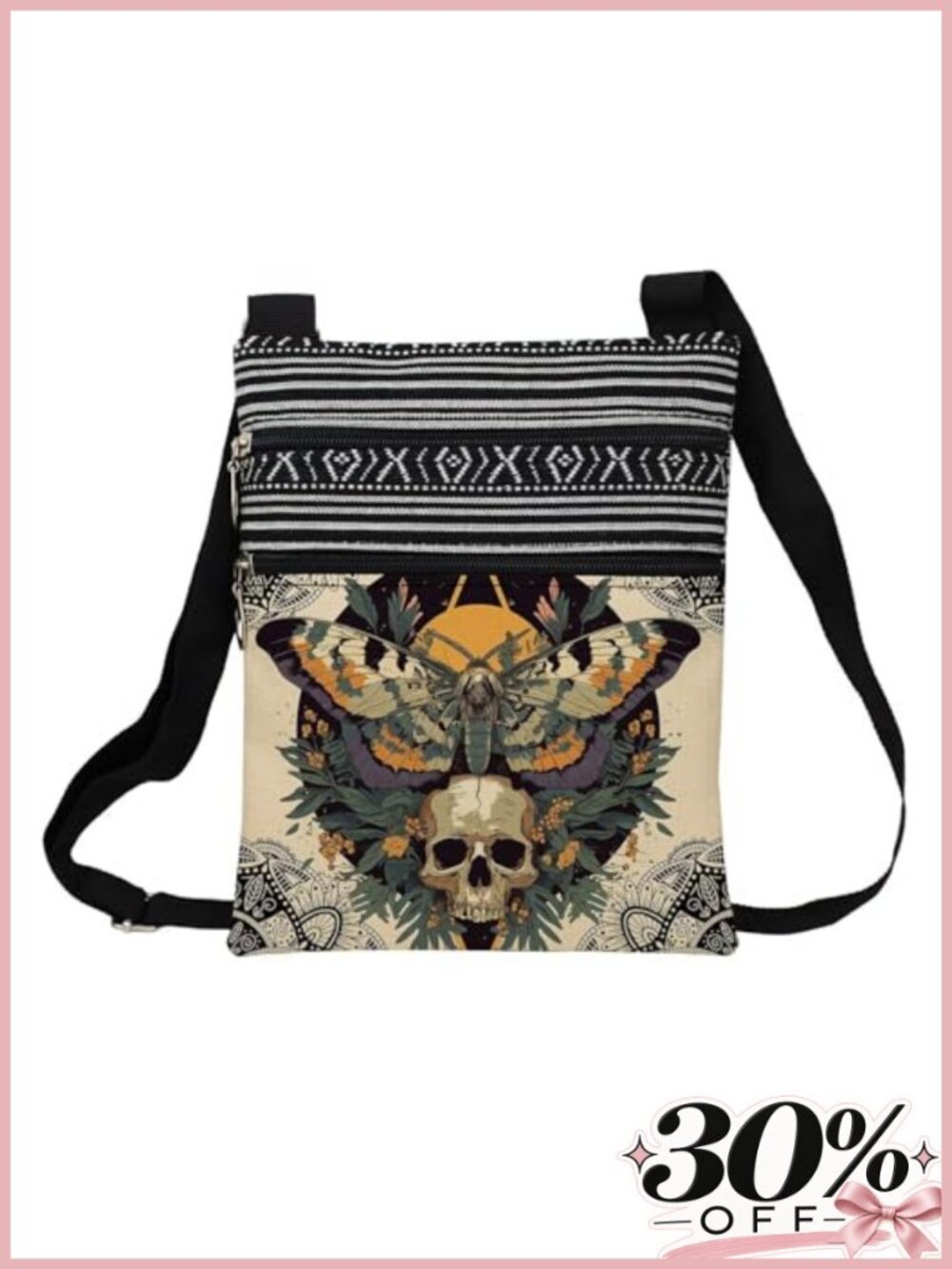 Skull Messenger Bag Polyester Adjustable Strap Crossbody Zipper Pouch